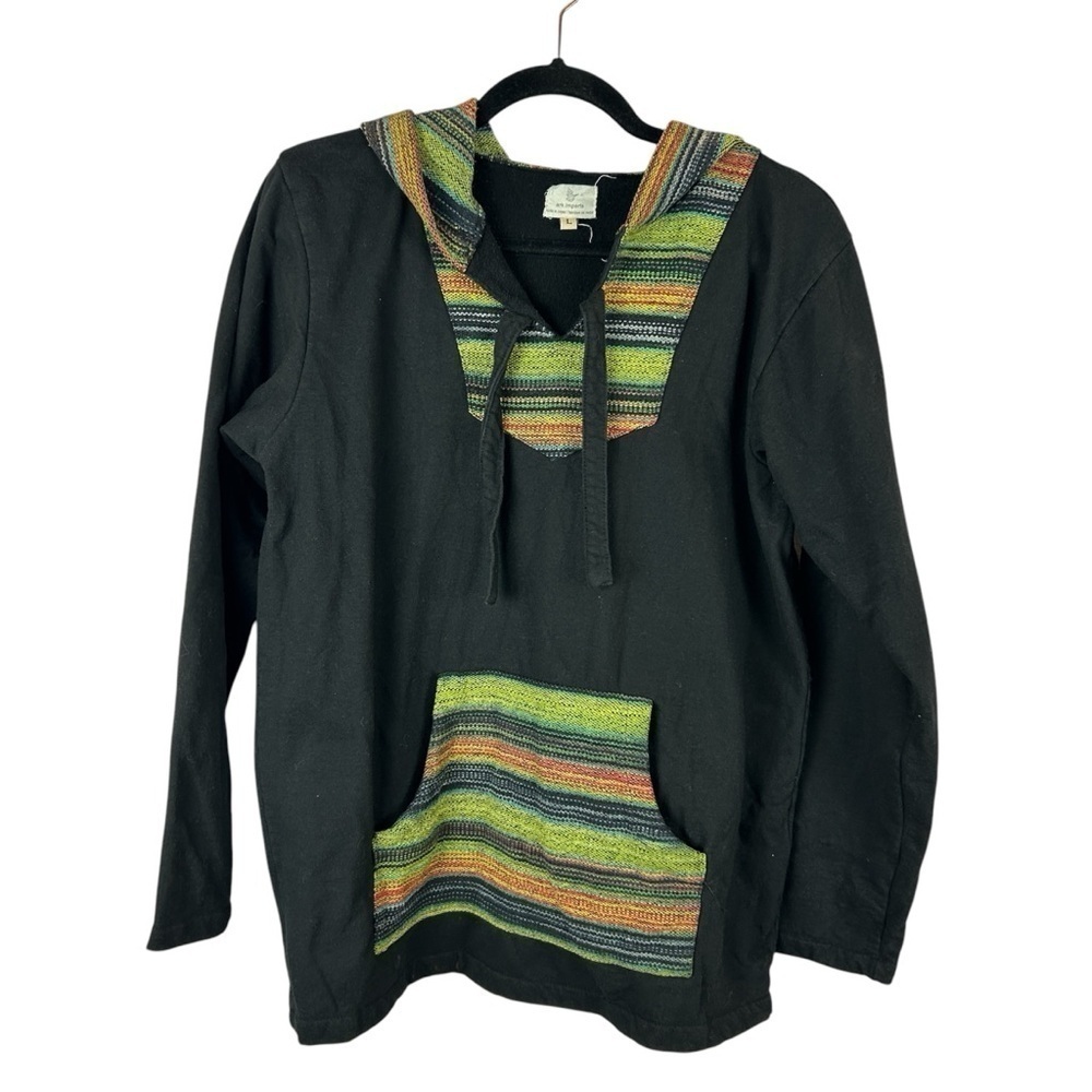 Ark Imports Boho Nepal Baja Hooded Poncho Sweatshirt Large Black